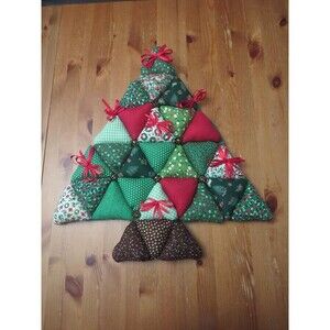Vintage Patchwork Quilted Fabric Christmas Tree Wall Hanging Pillow Jingle Bells
